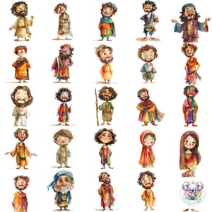 Aquarell Jesus, seine Anhänger, Neues Testamente Biblische Figuren Clipart - 32 hochauflösende Illustrationen für bildungswerkliche und religiöse Projekte