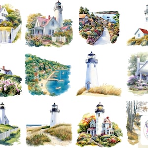 17 Aquarell Cape Cod Clipart PNG, transparente Küstenhäuser & Leuchttürme mit malerischen Landschaften für nautische und rustikale Designs