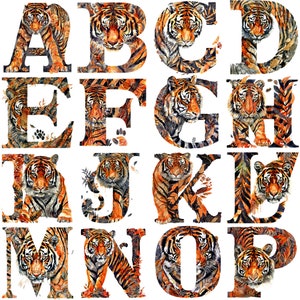 Único acuarela tigre letra alfabeto Cliparts PNG - 26 letras completas con temática de animales salvajes de 300 DPI para proyectos de bricolaje
