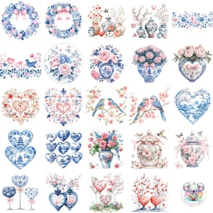 Elegante chinoiserie-clipart voor Valentijn – 52 romantische blauw-witte bloemen- en hartontwerpen voor uitnodigingen, decor en creatieve projecten