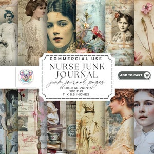 Nurse-Themed Junk Journal Printables - 12 Vintage Set, 300 DPI - 11 x 8.5 inches - Ephemera Junk Journal Kit