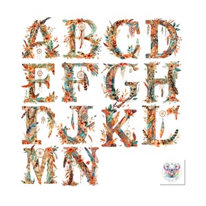 Elegante acuarela Boho Theme Letter Alphabet Clipart - 26 archivos PNG de alta calidad, ideal para marcas boutique y regalos personalizados