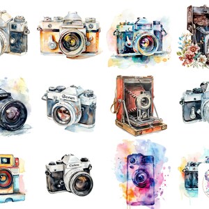Könnte beinhalten: Eine Sammlung von Vintage-Kameras, die in Aquarell gemalt wurden. Die Kameras sind in verschiedenen Stilen und Farben, darunter Schwarz, Weiß, Braun und Rot. Einige der Kameras haben ein florales Design um sie herum.
