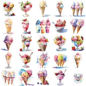 24 Eiscreme Cliparts - Aquarell Illustrationen von Eistüten, Eisbechern und Eisbechern zum Basteln und Dekorieren