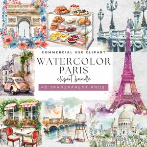 Parijs PNG-clipart - aquarel stadsgezichten - 40 pack transparante png's, hoge resolutie 300 DPI voor commercieel gebruik