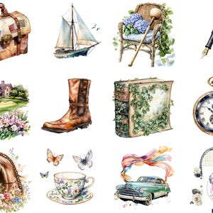 Clipart estetica di soldi vecchi PNG, arte di lusso vintage ad acquerello, cartelle trasparenti, cavalli, tazze da tè e altro per eleganti creazioni artigianali