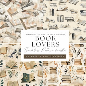 Puede incluir: Un conjunto de 46 patrones de papel digital sin costuras que presentan ilustraciones de libros y hojas en un estilo acuarela. Los patrones son en tonos de marrón, beige y verde sobre un fondo crema. El texto "Book Lovers Seamless Pattern Bundle" se muestra en el centro de la imagen.