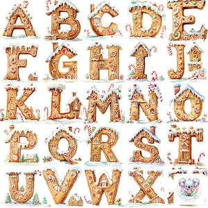 Alfabeto de casa de jengibre Clipart PNG: 26 letras festivas de pan de jengibre de alta resolución de 300 DPI para invitaciones, manualidades y decoración