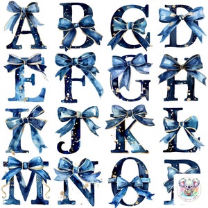 Cintas elegantes: 26 imágenes prediseñadas de letras del alfabeto con lazo de coqueta azul marino, PNG/diseños de alta resolución de 300 DPI para manualidades y decoración de lujo