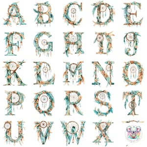 Alfabeto de atrapasueños con acuarela, estilo bohemio chic, PNG, letras florales transparentes con plumas y acentos tribales para diseños elegantes