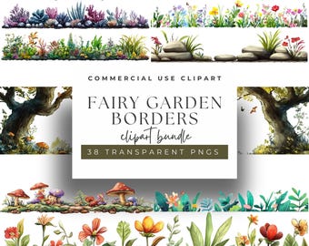 May include: A set of 38 digital clipart images of fairy garden borders. The images are in PNG format and have transparent backgrounds. The borders feature various flowers, plants, mushrooms, trees, and rocks in a whimsical style.
