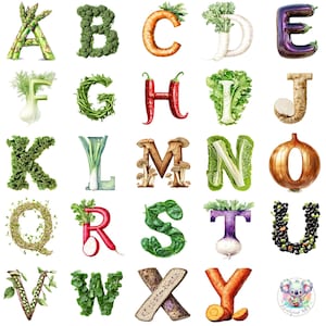 Ensemble de 104 cliparts Alphabet de légumes | Aquarelles de A à Z avec 4 motifs chacun | PNG éducatifs pour l'apprentissage et le bricolage