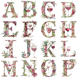 PNG de imágenes prediseñadas de alfabeto de vino floral de acuarela: 26 letras elegantes de alta resolución de 300 DPI para manualidades, invitaciones y decoración