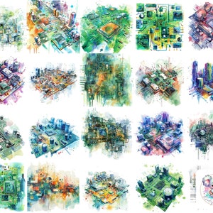 Clipartcollectie aquarel printplaat - 20 illustraties met hoge resolutie voor technologische en educatieve projecten