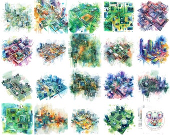 Collection de cliparts aquarelles pour circuits imprimés - 20 illustrations haute résolution pour des projets technologiques et éducatifs