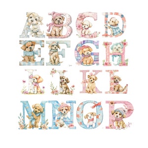 Coleção de clipart de letras do alfabeto de cachorrinhos fofinhos em aquarela - 26 PNGs transparentes, ideal para criar artigos de papelaria e decoração personalizados, 300 DPI