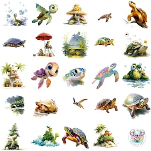 Funny Summer Turtle Clipart PNG, 43 Watercolor Beach Turtles, Cute Vacation & Ocean Art for Kids, Scrapbooking and Craft Design