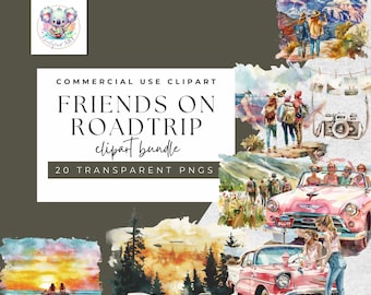 Road Trip Watercolor Clipart: Friends Adventure PNG Set (Commercial Use)