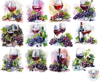 May include: Watercolor painting of 12 different glasses of red wine with grapes and vines. Each glass is filled with red wine and has a different design. The glasses are arranged in a grid pattern.