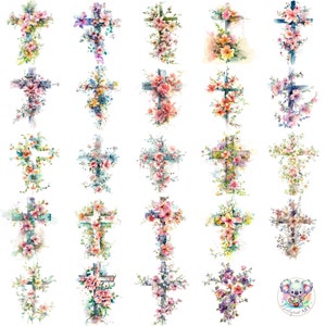 Floral croix aquarelle Clipart PNGs - 24 300 DPI belles illustrations pour faire-parts, scrapbooking et téléchargements numériques
