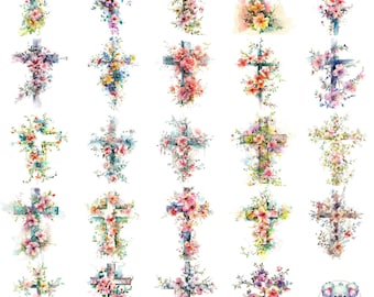 花の十字架の水彩画クリップアート：24 枚の PNG イラスト（デジタル ダウンロード）