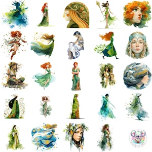 Aquarelle déesse celtique Clipart PNG, art mythique irlandais éthéré, 40 déesses celtiques transparentes pour l'artisanat et les conceptions créatives