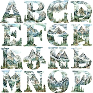 Impressionante coleção de letras do alfabeto de montanha em aquarela PNGs - 26 letras completas de 300 DPI para projetos de scrapbooking e DIY