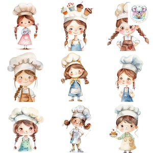 Aquarel patissier meisje clipart png's: 28 hoge resolutie 300 dpi bakillustraties voor knutselen, uitnodigingen en decor