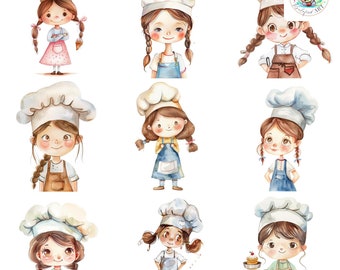 Watercolor Pastry Chef Girl Clipart: Baking Illustrations (Digital Download)