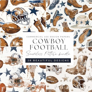 May include: A digital paper pack with 28 seamless patterns featuring a cowboy football theme. The patterns include football helmets, boots, stars, and footballs in brown, blue, and white.