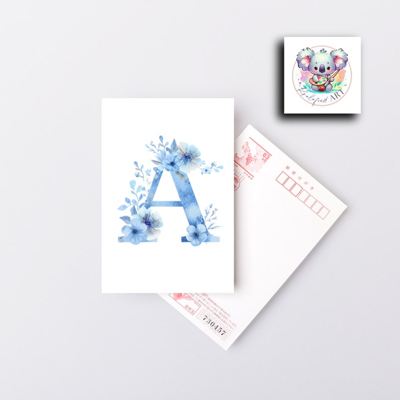 May include: A blue watercolor letter A with blue flowers and leaves around it. The letter is on a white background.