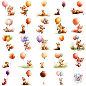 Aquarell Fuchs Ballon Clipart PNG, niedliche Waldtier Kunst, transparente Kinderzimmer & Geburtstag Illustrationen für Handwerk und Party Dekor