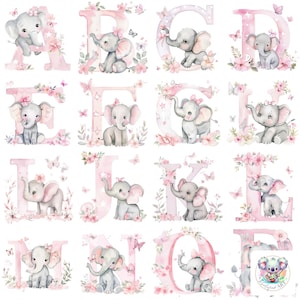 Clipartcollectie roze olifant alfabet: 26 hoge resolutie 300 dpi png's voor knutselen en ontwerpen voor babyshowers