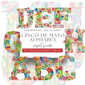 Alfabeto de festa mexicana - clipart colorido de letras de Cinco de Mayo, 26 PNGs festivos, 300 DPI
