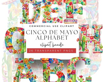 Mexikanische Fiesta Alphabet - Bunte Cinco de Mayo Buchstaben Clipart, 26 Festliche PNGs, 300 DPI