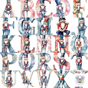 Clipart de alfabeto de quebra-nozes em aquarela PNG: 26 letras festivas completas de A a Z para sublimação, artesanato DIY e decoração de feriados