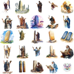 Imágenes prediseñadas PNG de los Diez Mandamientos en acuarela, arte bíblico transparente, escenas extravagantes de Moisés y la tablilla para manualidades, cuentos y diseños.