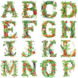 Cliparts de lettres de l'alphabet, aquarelles fraîches et légumes - 26 lettres d'aliments sains 300 ppp pour projets de bricolage et invitations