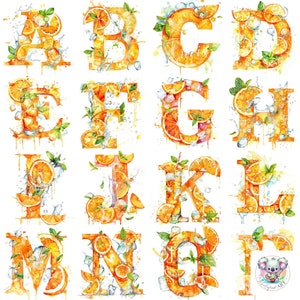 Cliparts de l'alphabet Aperol Spritz à l'aquarelle rafraîchissante : 26 lettres complètes, 300 lettres ppp pour projets de bricolage, invitations et plus