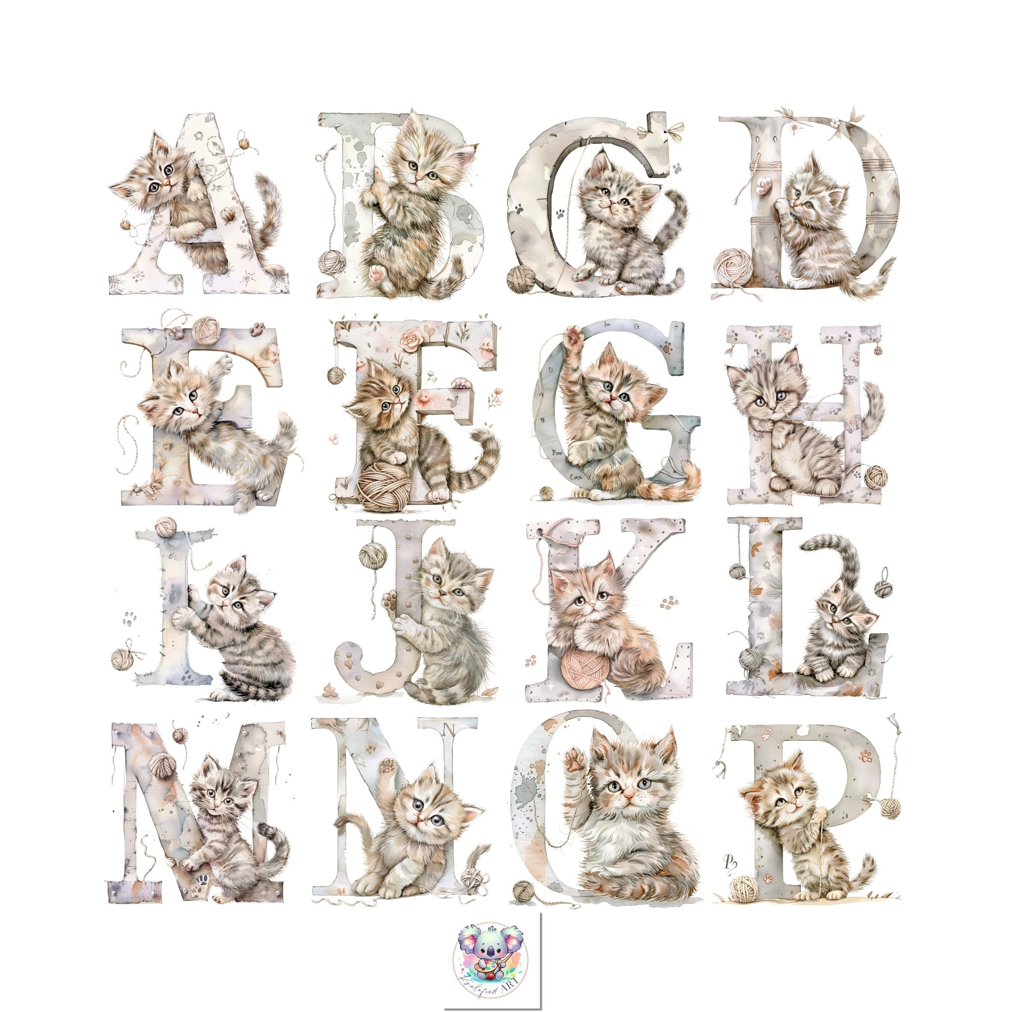 Playful Watercolor Cute Kittens Letter Alphabet Clipart 26 Unique Cat ...