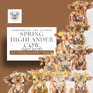 Springtime Highland Herd - Watercolor Spring Highlander Cows Clipart - 24 Blooming PNGs