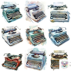Watercolor Typewriter Clipart Collection - 24 High-Resolution Illustrations of Vintage Typewriters for Literary and Creative Designs