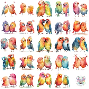 24 clipart peculiar e fofo de pássaros do amor - PNGs de alta resolução de 300 DPI para projetos românticos e extravagantes