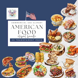 Coleção de clipart em aquarela do All-American Feast: pacote de 20 PNG | Transparente de 300 DPI para ilustrar livros de receitas ou diários alimentares