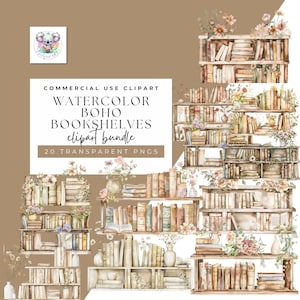 Boho-Inspired Bookshelf Watercolor Clipart - Set of 19 PNGs for Educational resources and classroom decor