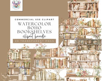Boho-Inspired Bookshelf Watercolor Clipart - Set of 19 PNGs for Educational resources and classroom decor