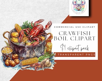 Crawfish Boil Clipart – Rustic Pot Feast | 4 PNGs 300 DPI - Instant Download