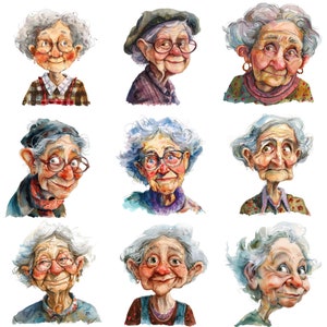 Caprichosa acuarela extravagante anciana Clipart PNG: Conjunto de 24 ilustraciones de alta calidad de 300 DPI para proyectos decorativos y decoración con temática divertida