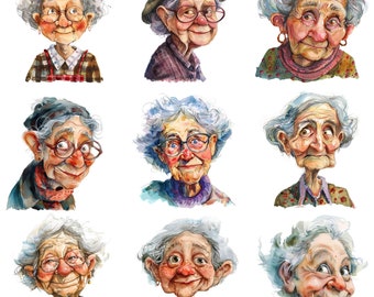 Whimsical Old Woman Clipart: Watercolor PNG Illustrations (300 DPI)