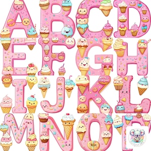 Kawaii Dessert Alphabet Clipart - 26 A-Z Süße Buchstaben mit süßen Cupcakes und Eis - Perfekt für Designs für Kinder und Desserts